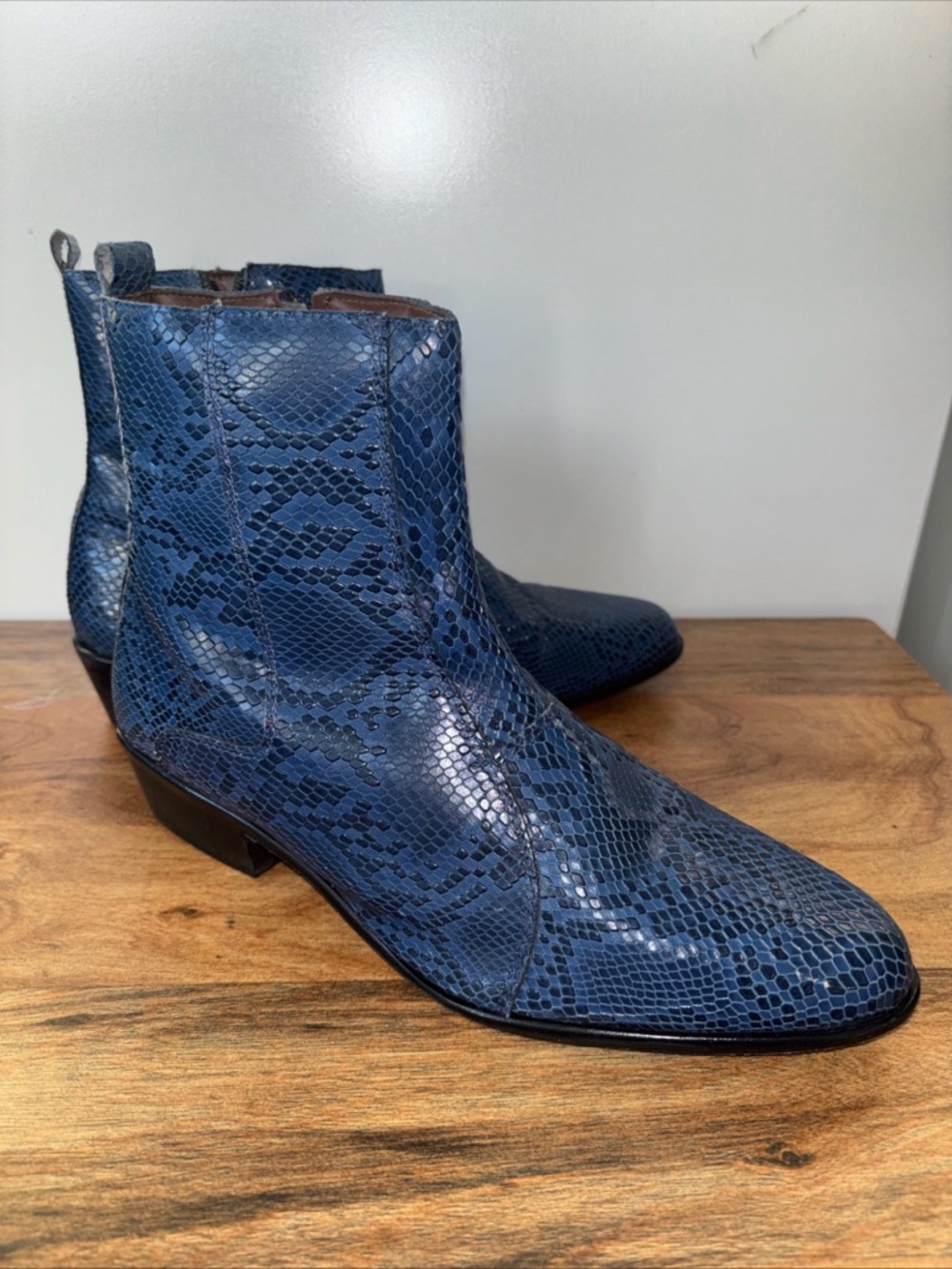 Rare VTG Men's Blue Snake-Print leather Stacey Adams rocker Ankle Boots 11.5M